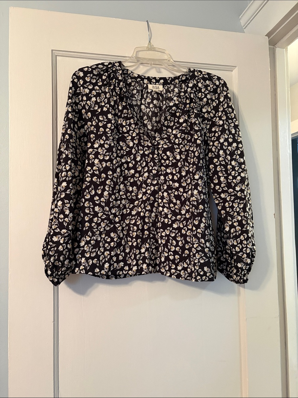Black with White Floral Print Long Sleeve Blouse